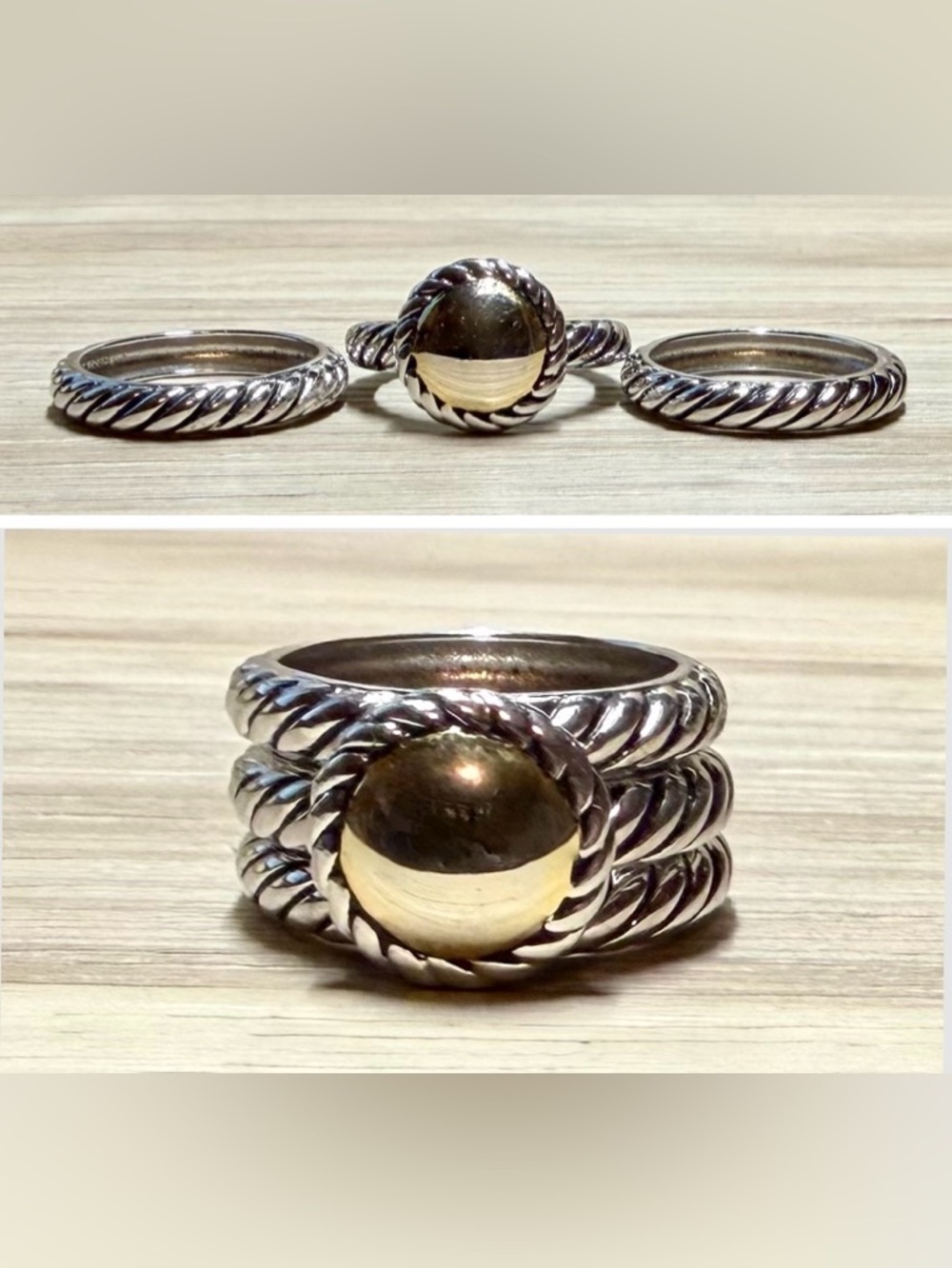 Vintage Designer FD Cable Twisted Sterling Silver & Gold Stacking Rings, Size 6